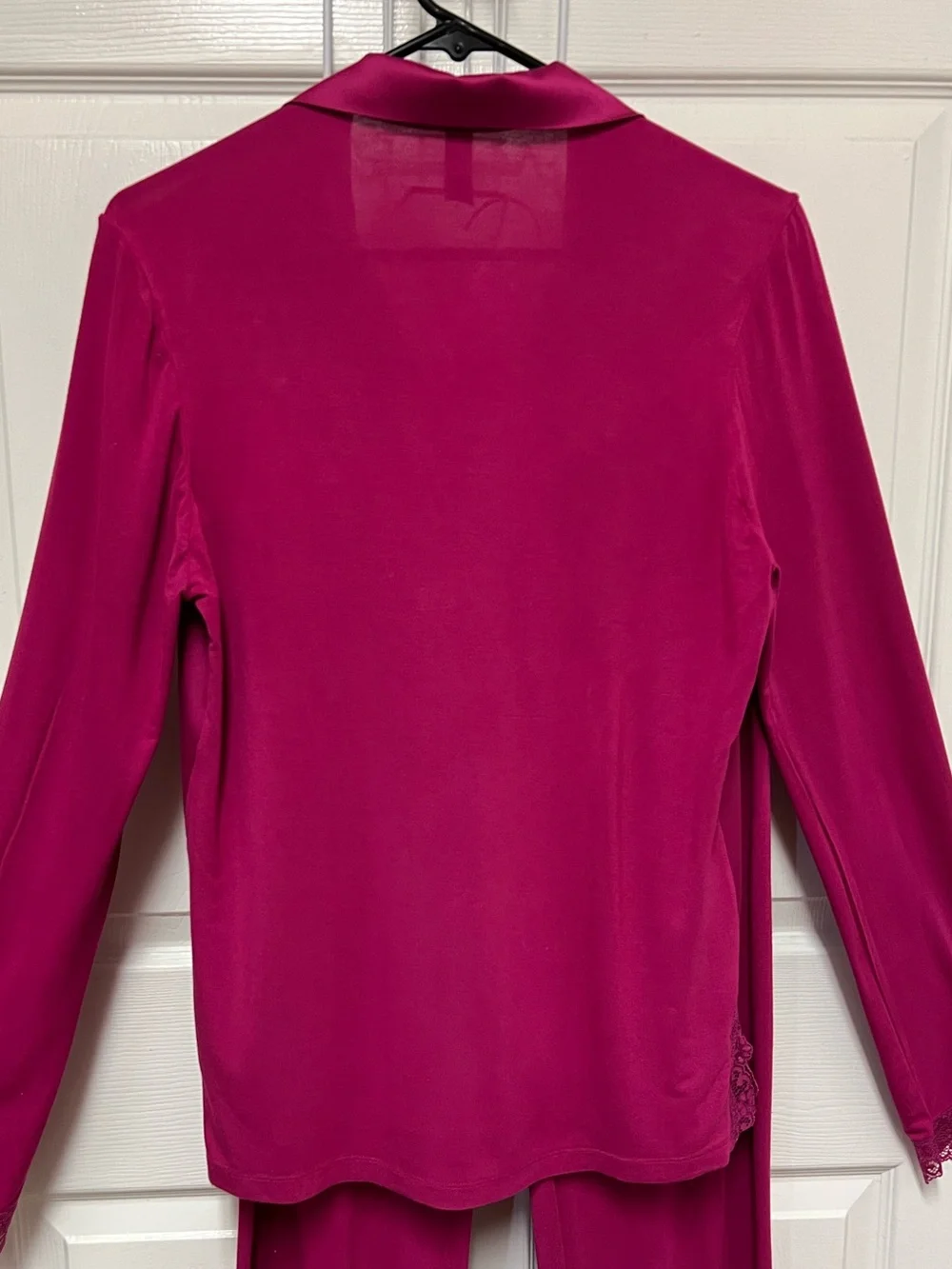 Women's Magenta Satin Front Pajama Set with Lace Trim